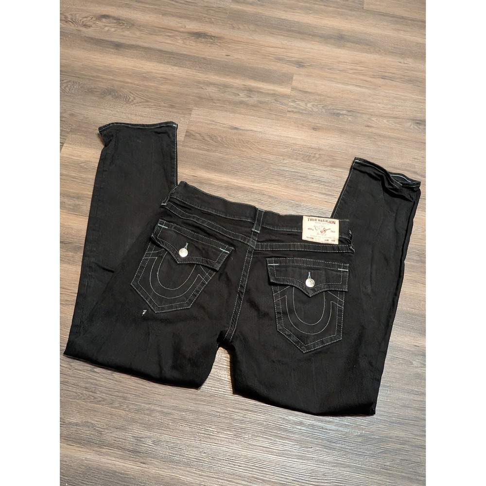 True Religion Ricky Relaxed Straight Black Contrast Stitch Flap Jeans 34x32